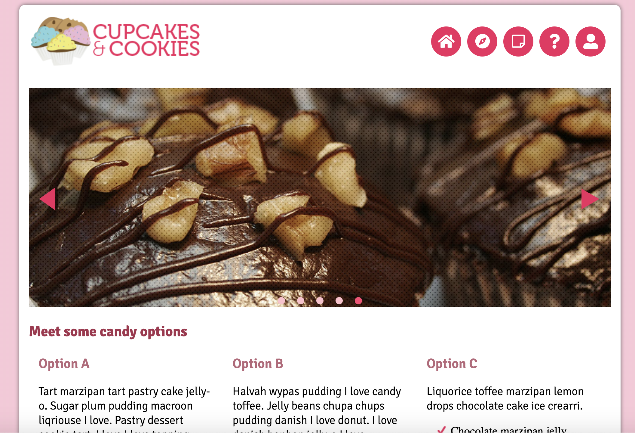 Screenshot of the cupcake website